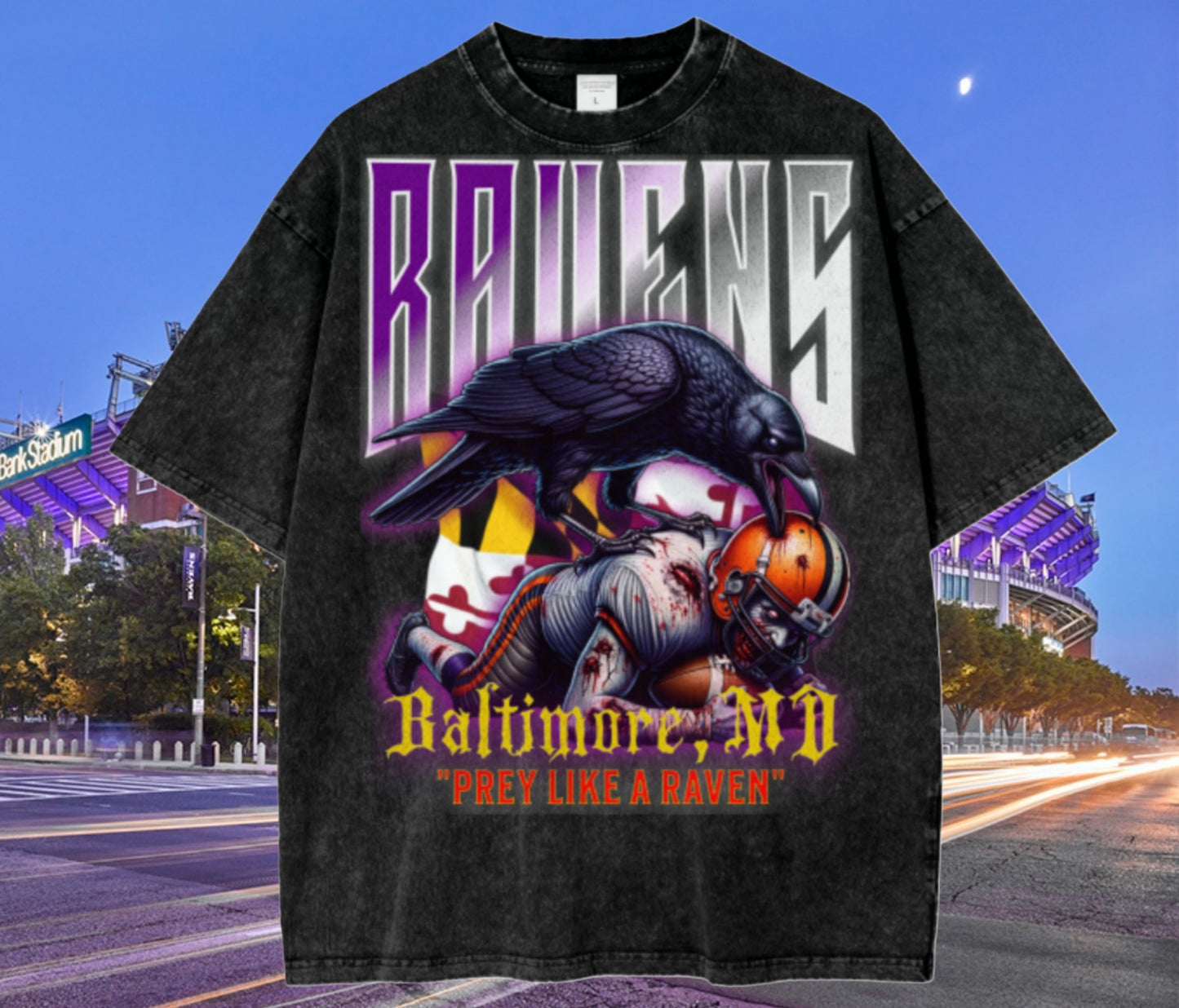 Ravens Acid Wash Oversize Unisex Tshirt