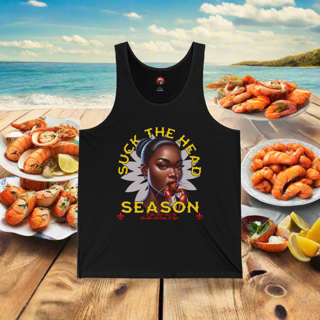 "Suck the Head" Women's Jersey Tank Top - Fun & Bold Graphic Tee for Seafood Celebrations