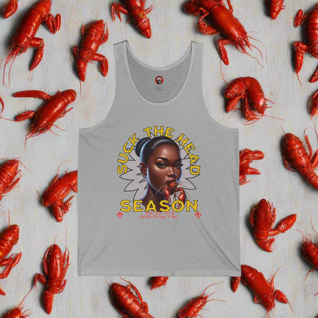 "Suck the Head" Women's Jersey Tank Top - Fun & Bold Graphic Tee for Seafood Celebrations