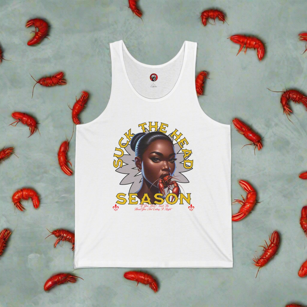 "Suck the Head" Women's Jersey Tank Top - Fun & Bold Graphic Tee for Seafood Celebrations